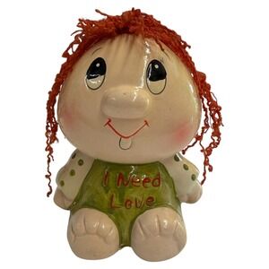 Ceramic Coin Bank Unisex OS Green Good I Need Love Vintage Yarn Hair
